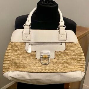 Dana Bachman Stylish White and Tan Rattan Wicker Straw Women's Handbag